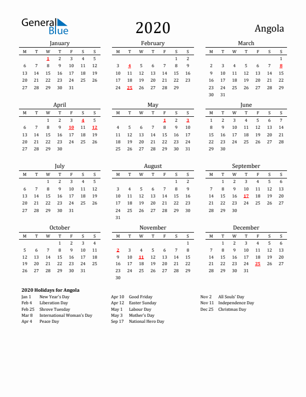 Angola Holidays Calendar for 2020