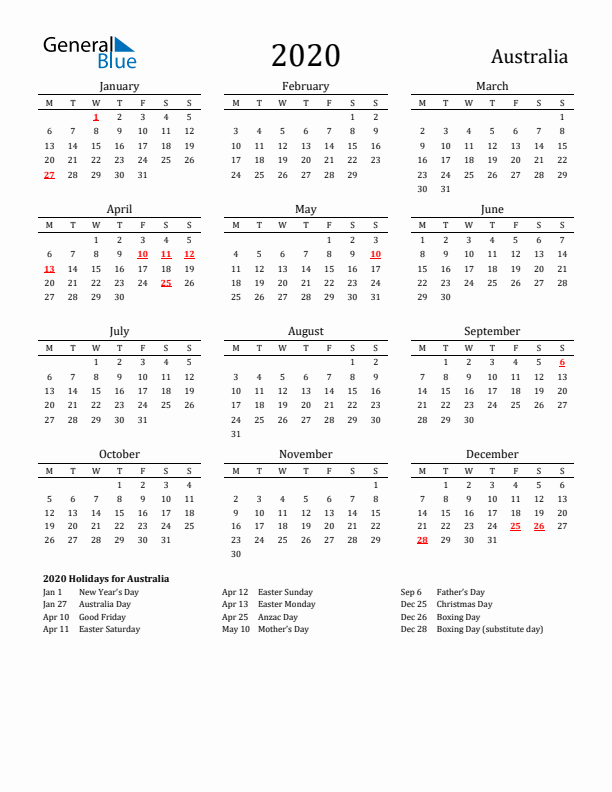 Australia Holidays Calendar for 2020