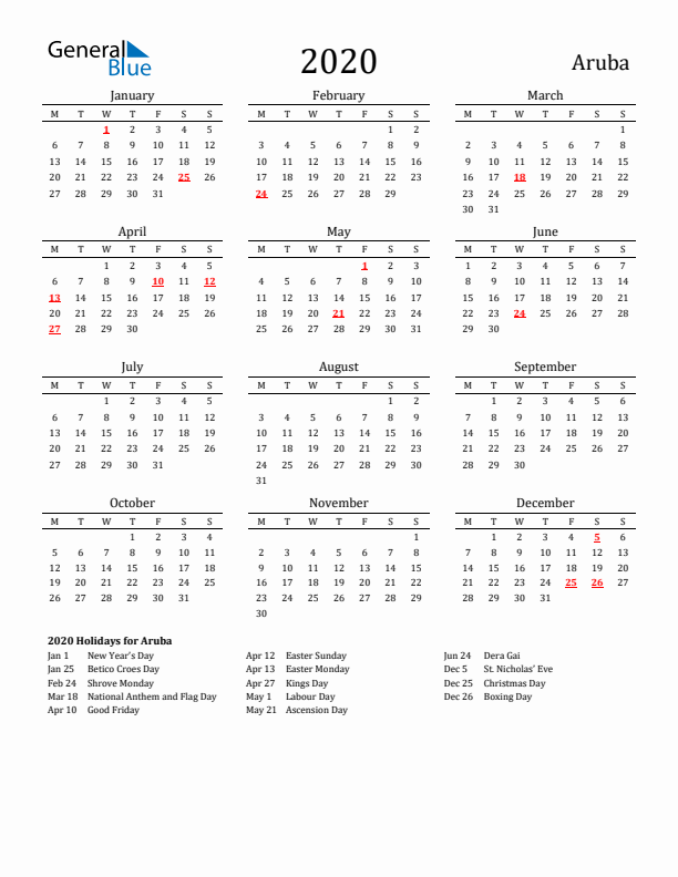 Aruba Holidays Calendar for 2020
