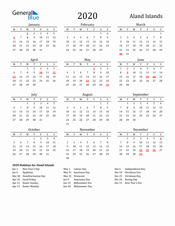 Aland Islands Holidays Calendar for 2020