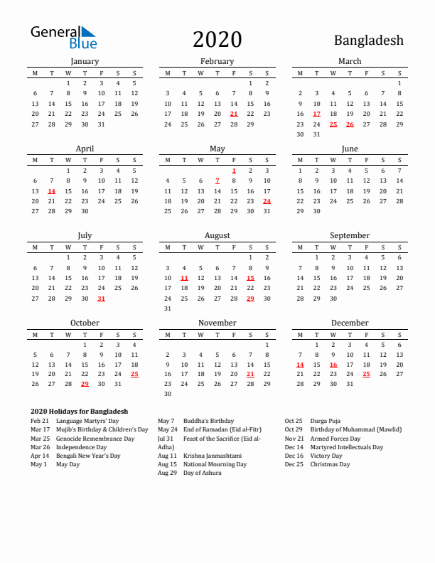 Bangladesh Holidays Calendar for 2020