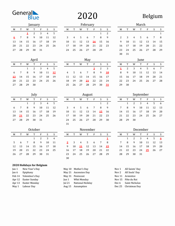 Belgium Holidays Calendar for 2020