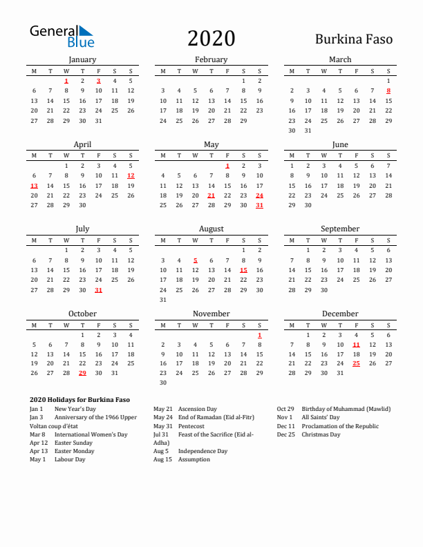 Burkina Faso Holidays Calendar for 2020