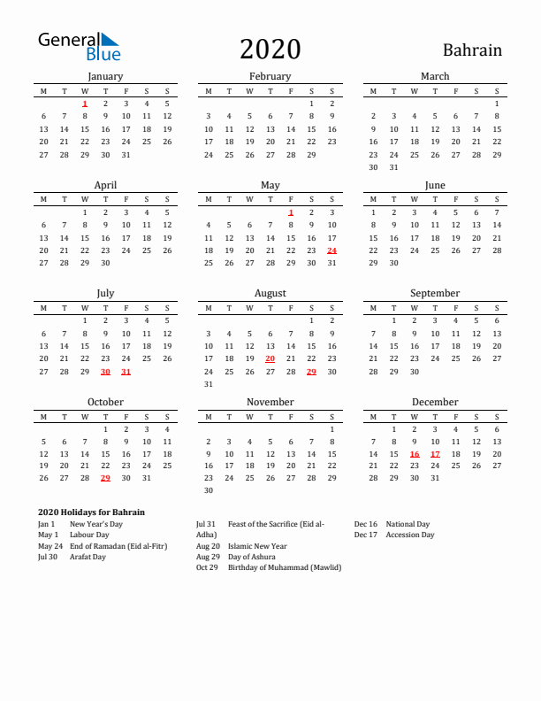Bahrain Holidays Calendar for 2020