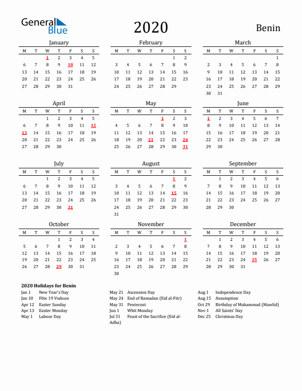 Benin Holidays Calendar for 2020