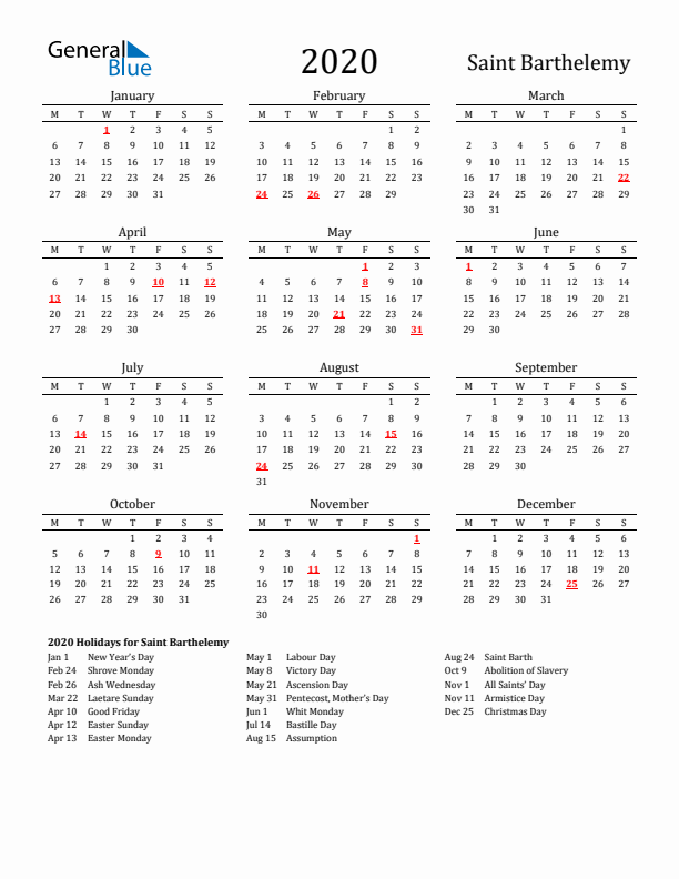 Saint Barthelemy Holidays Calendar for 2020
