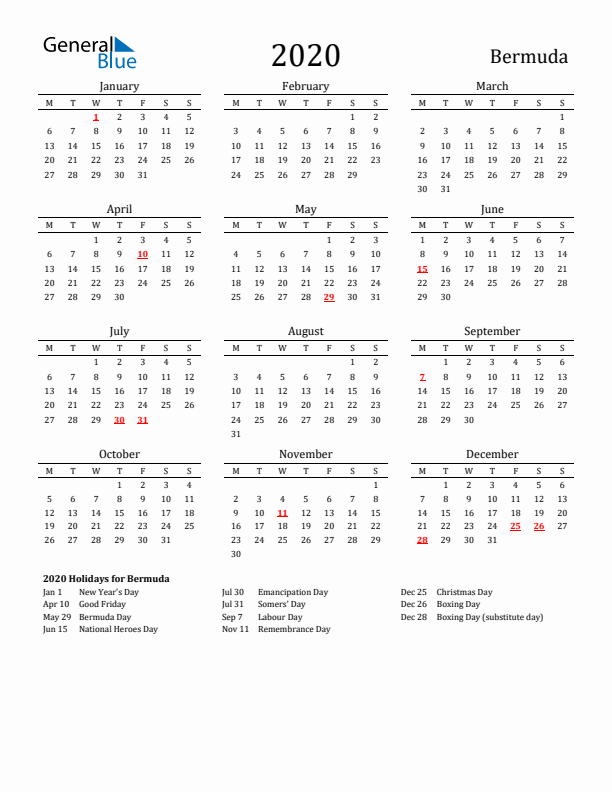 Bermuda Holidays Calendar for 2020