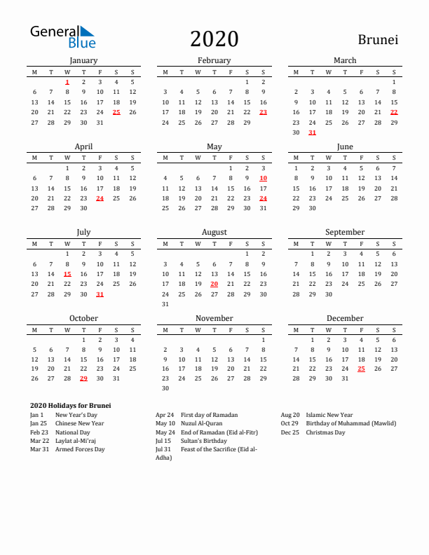 Brunei Holidays Calendar for 2020