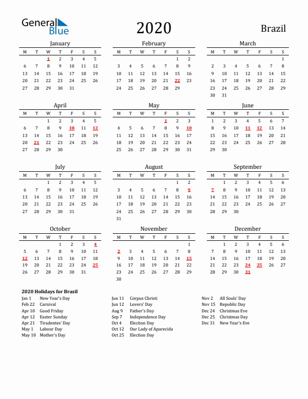 Brazil Holidays Calendar for 2020