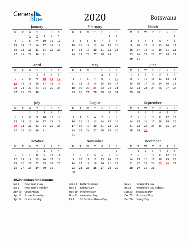 Botswana Holidays Calendar for 2020