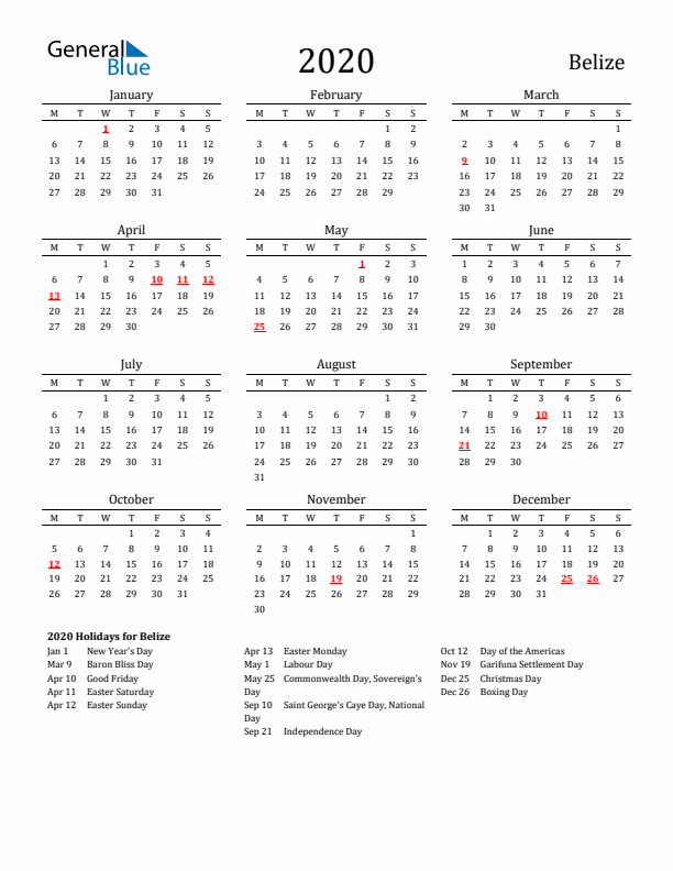 Belize Holidays Calendar for 2020