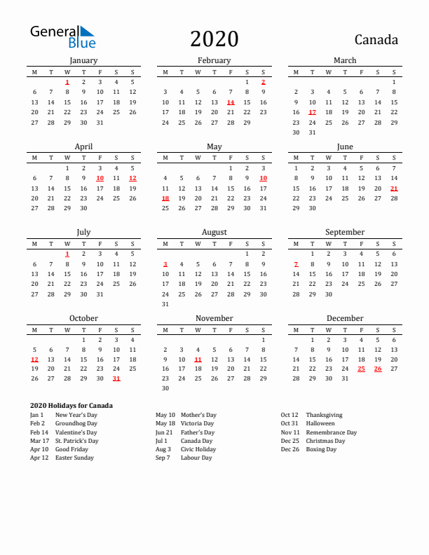 Canada Holidays Calendar for 2020