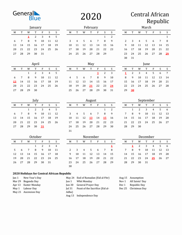Central African Republic Holidays Calendar for 2020