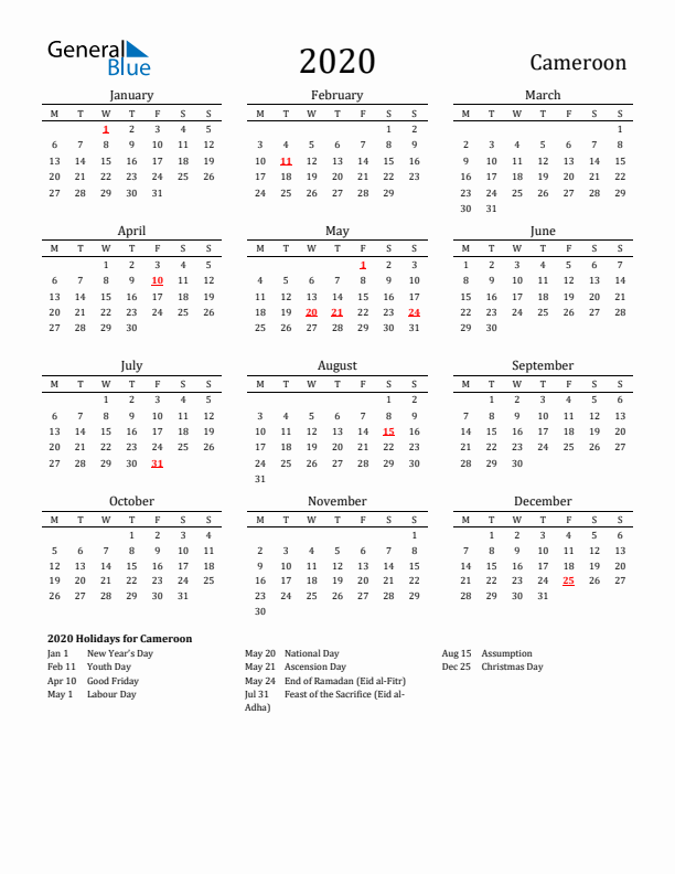 Cameroon Holidays Calendar for 2020