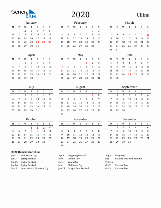 China Holidays Calendar for 2020
