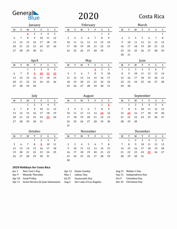 Costa Rica Holidays Calendar for 2020