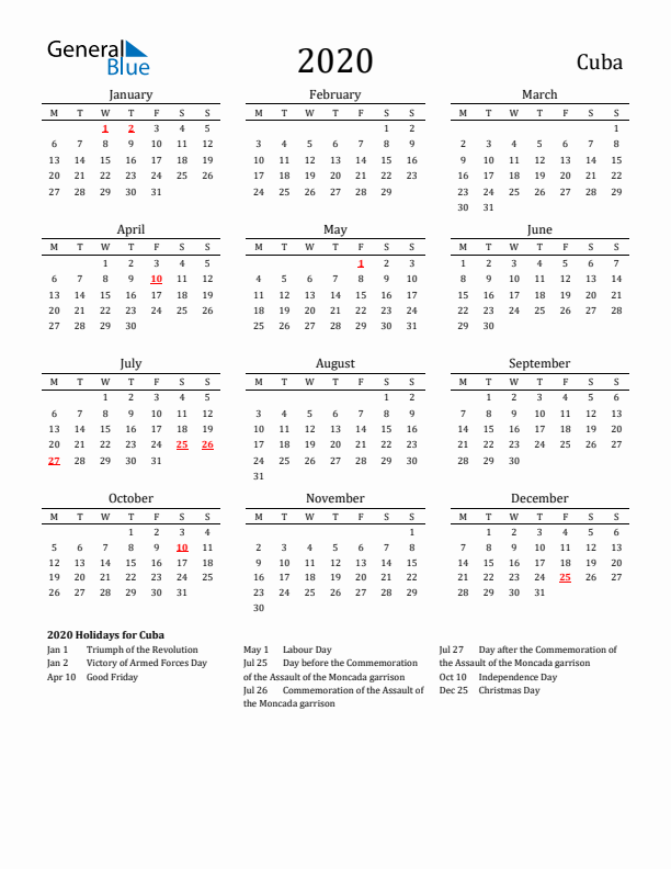 Cuba Holidays Calendar for 2020