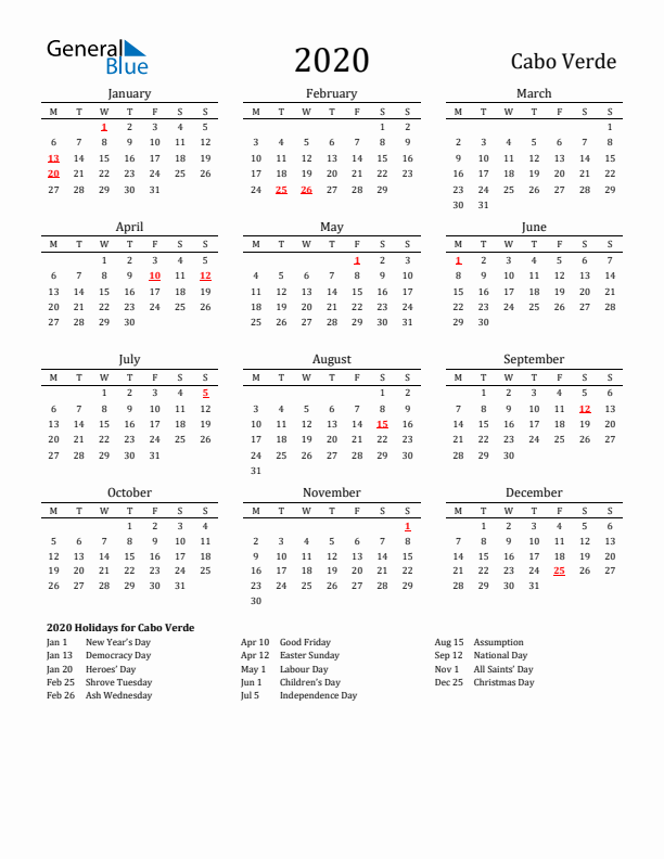 Cabo Verde Holidays Calendar for 2020