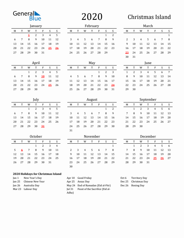 Christmas Island Holidays Calendar for 2020