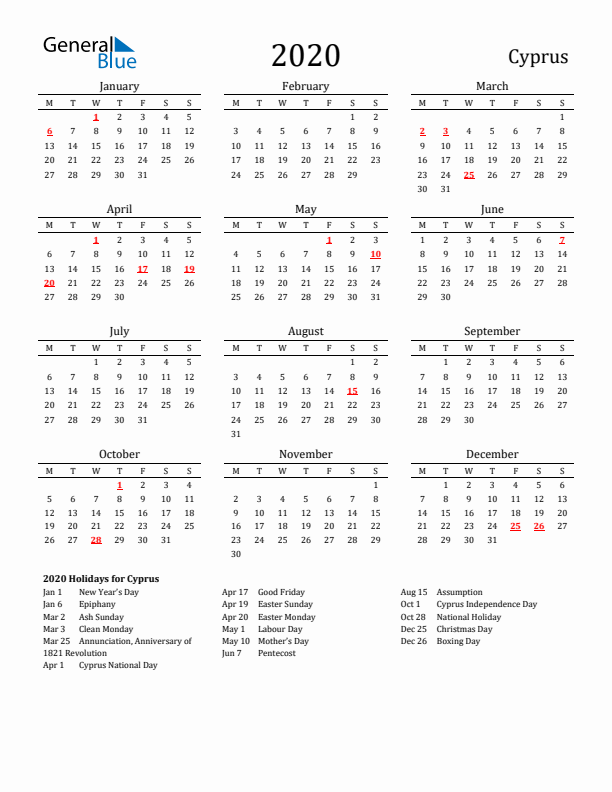 Cyprus Holidays Calendar for 2020