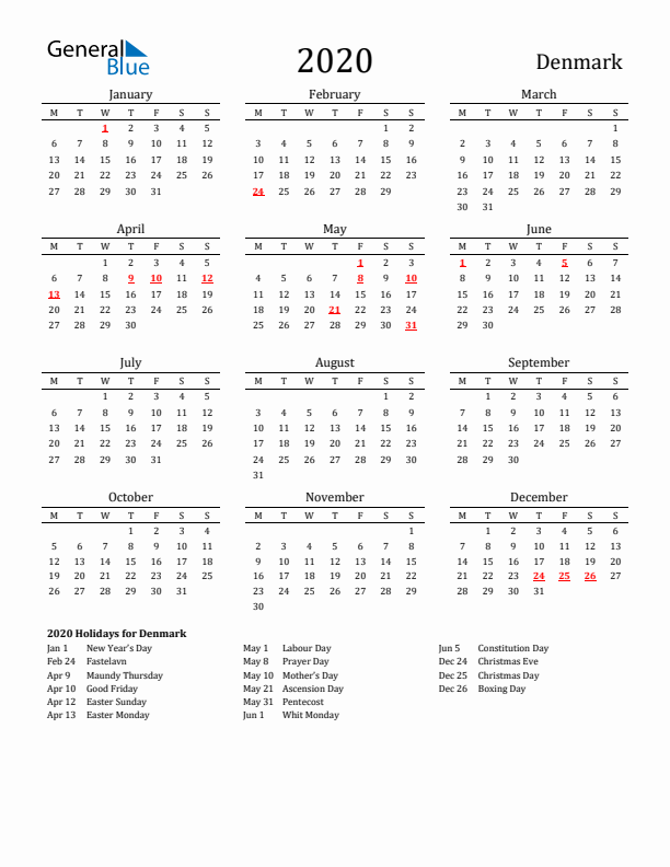 Denmark Holidays Calendar for 2020