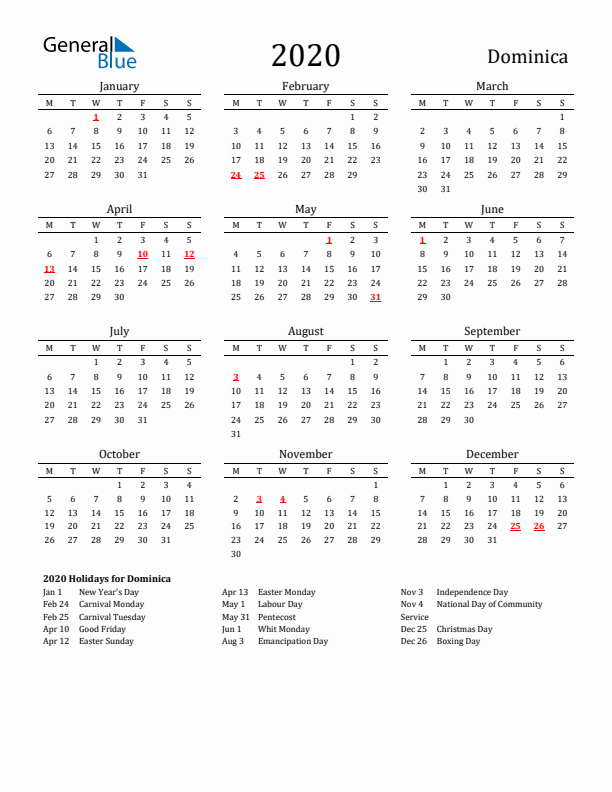Dominica Holidays Calendar for 2020