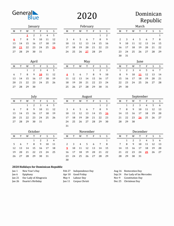 2020 Dominican Republic Calendar with Holidays