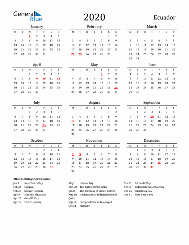 Ecuador Holidays Calendar for 2020