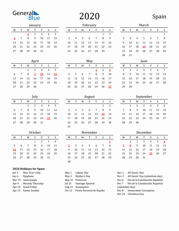 Spain Holidays Calendar for 2020