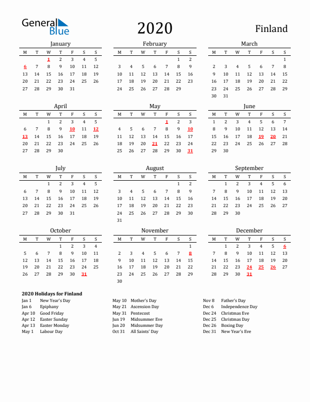 Finland Holidays Calendar for 2020