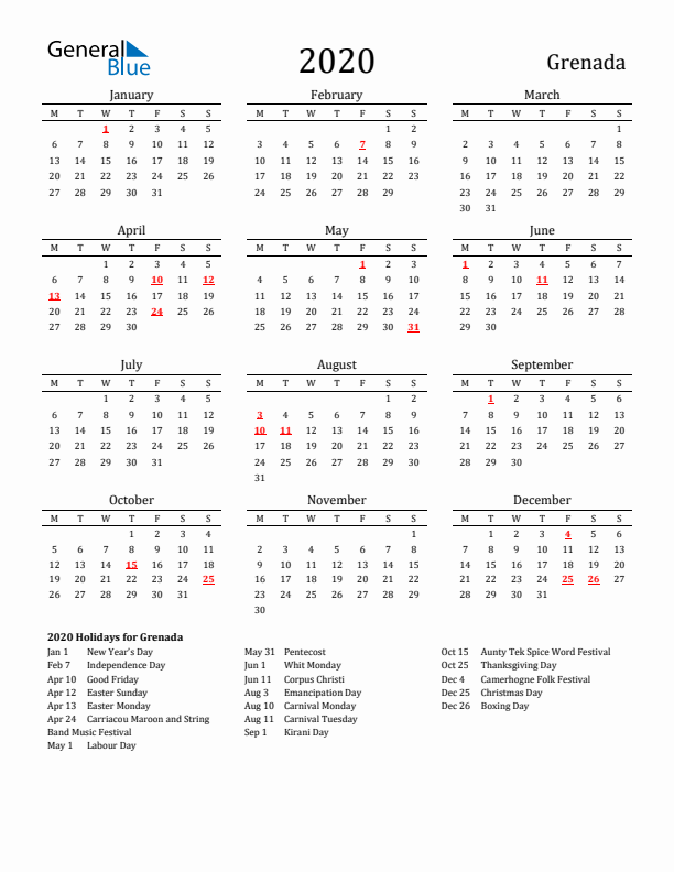 Grenada Holidays Calendar for 2020