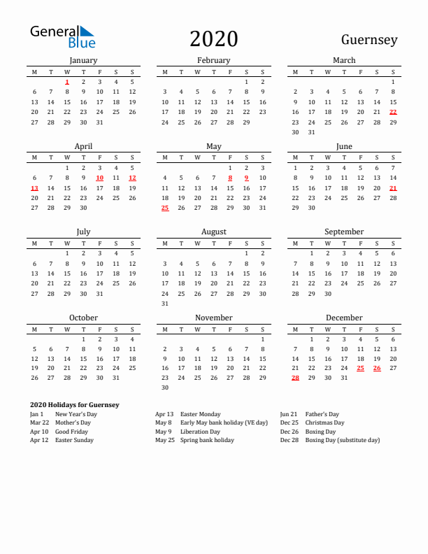 Guernsey Holidays Calendar for 2020