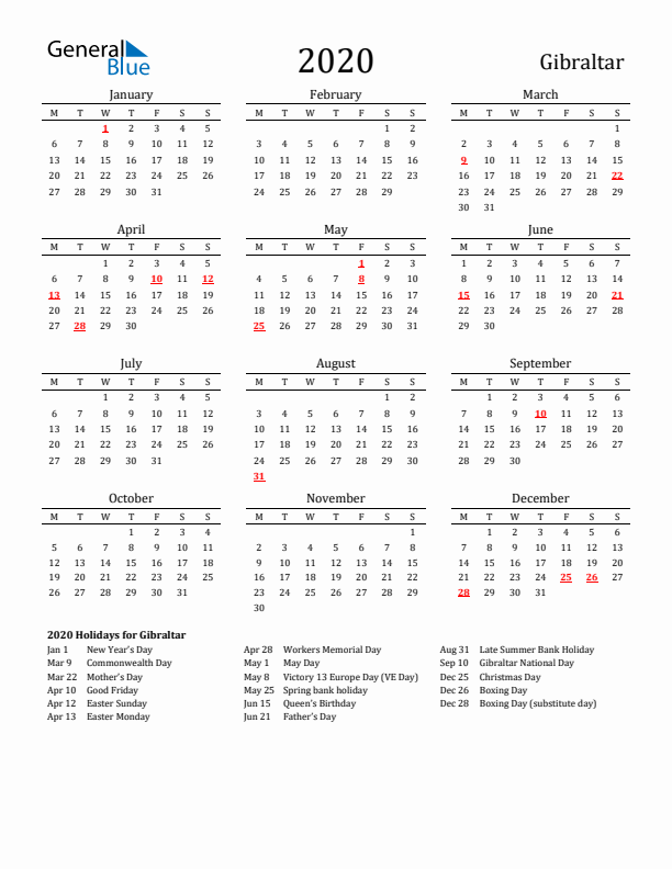 Gibraltar Holidays Calendar for 2020