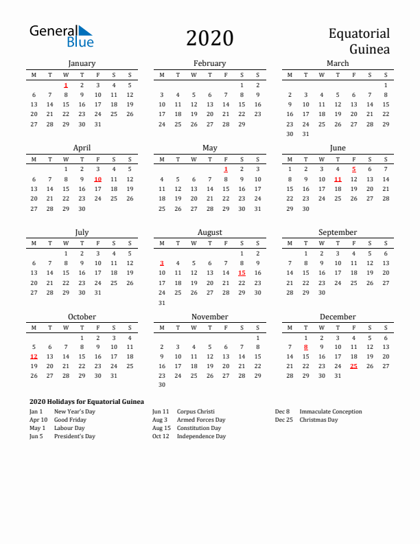 Equatorial Guinea Holidays Calendar for 2020