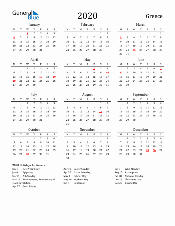 Greece Holidays Calendar for 2020