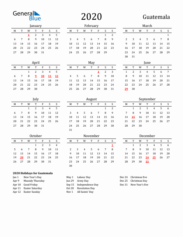 Guatemala Holidays Calendar for 2020