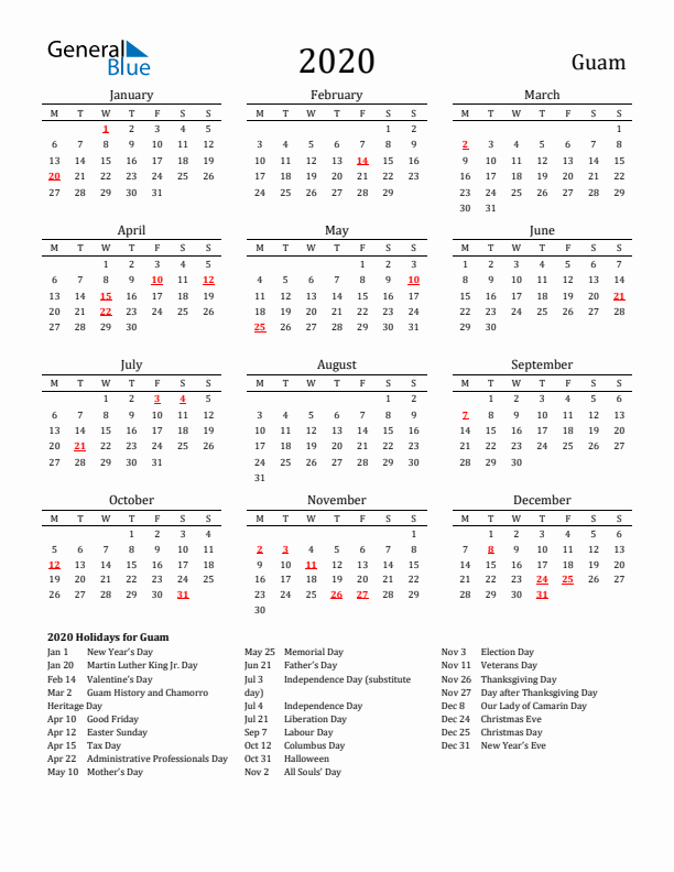 Guam Holidays Calendar for 2020