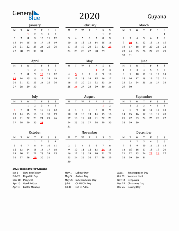 Guyana Holidays Calendar for 2020