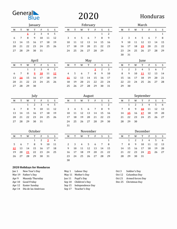 Honduras Holidays Calendar for 2020