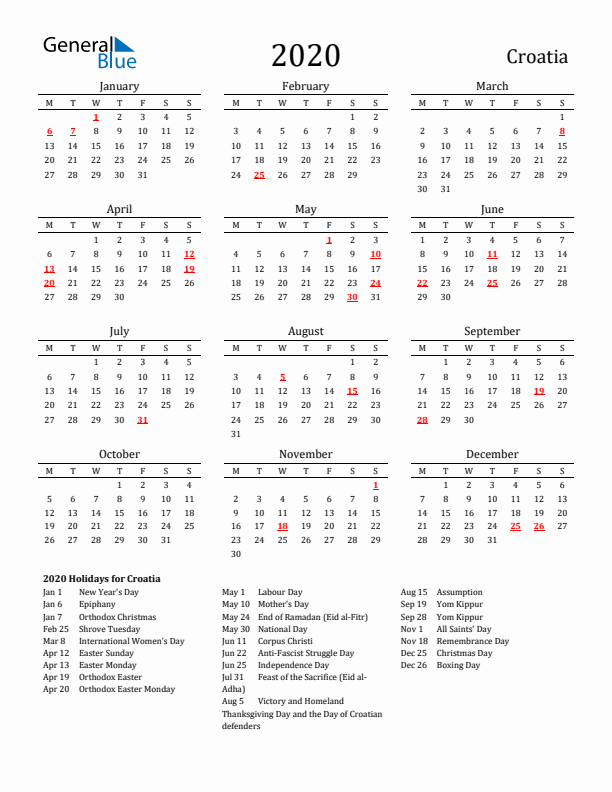 Croatia Holidays Calendar for 2020