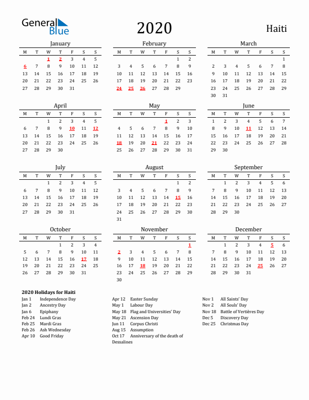 Haiti Holidays Calendar for 2020