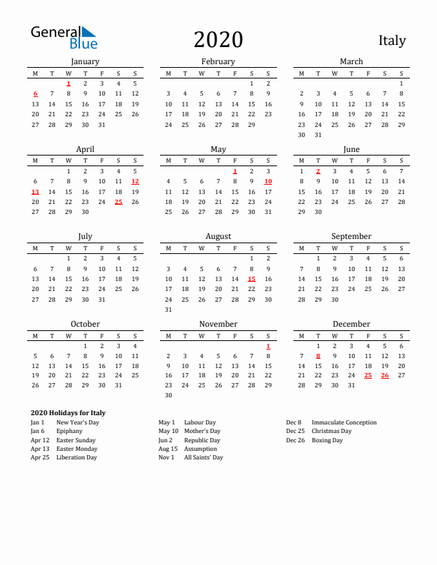 Italy Holidays Calendar for 2020