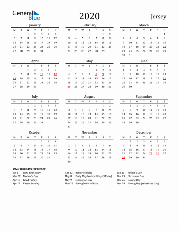 Jersey Holidays Calendar for 2020