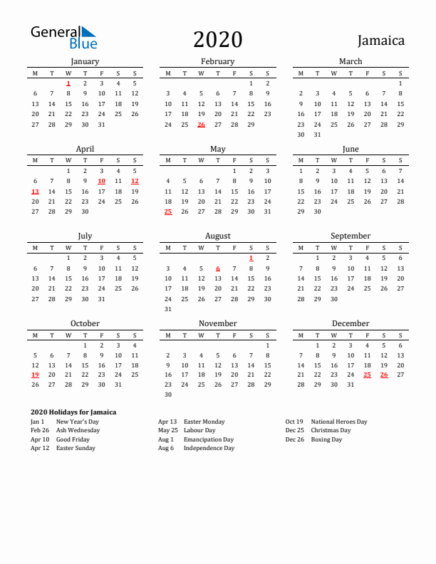 Jamaica Holidays Calendar for 2020