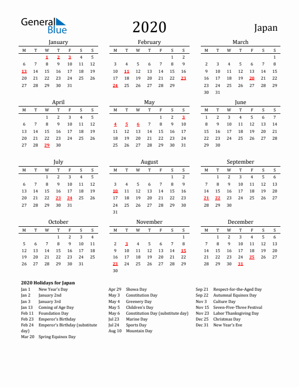 Japan Holidays Calendar for 2020