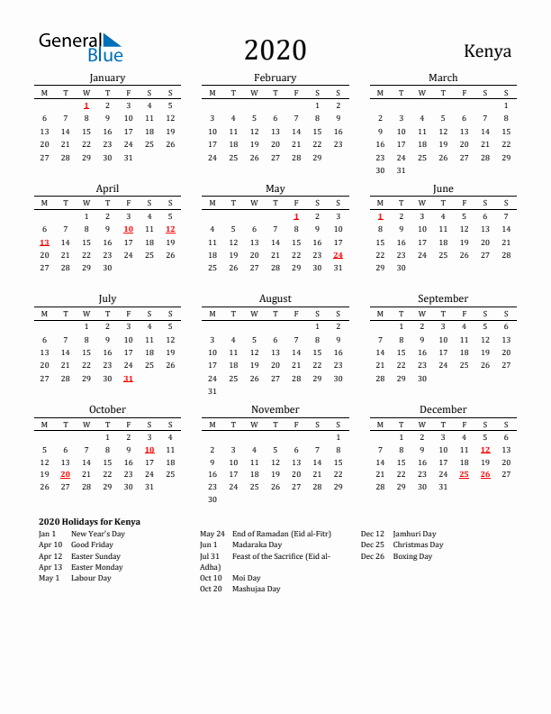 Kenya Holidays Calendar for 2020