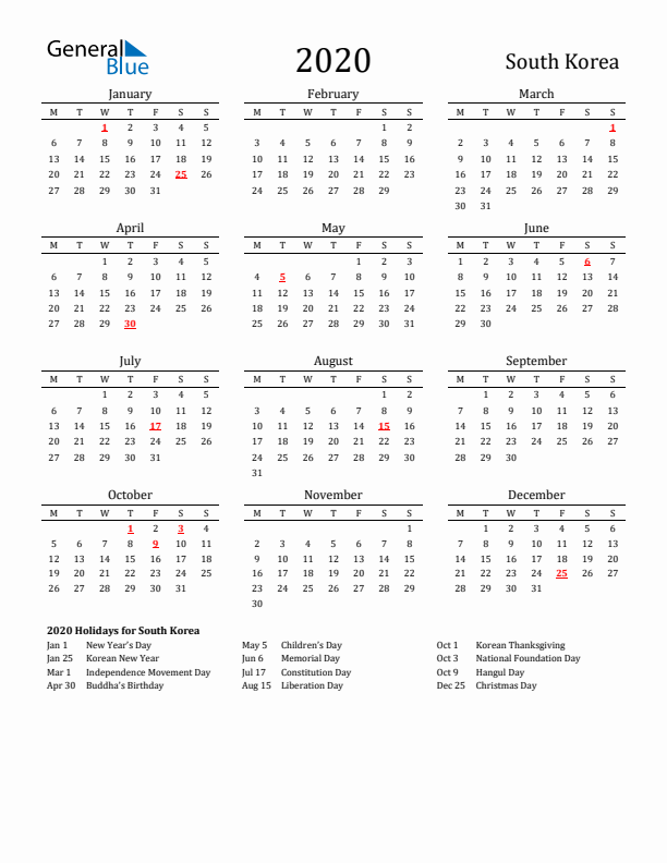 South Korea Holidays Calendar for 2020