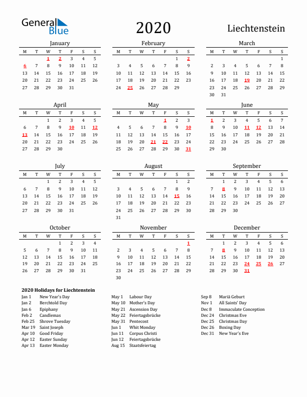 Liechtenstein Holidays Calendar for 2020