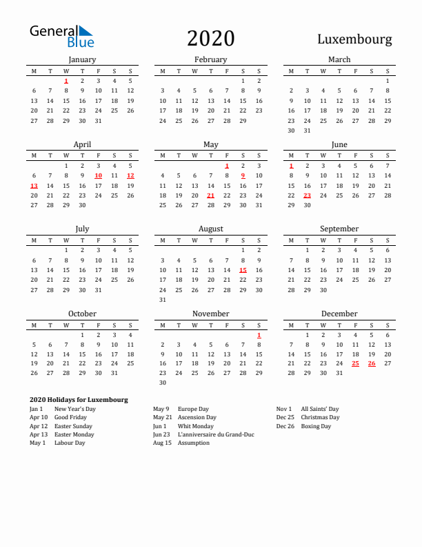 Luxembourg Holidays Calendar for 2020