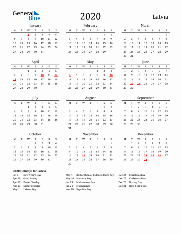 Latvia Holidays Calendar for 2020